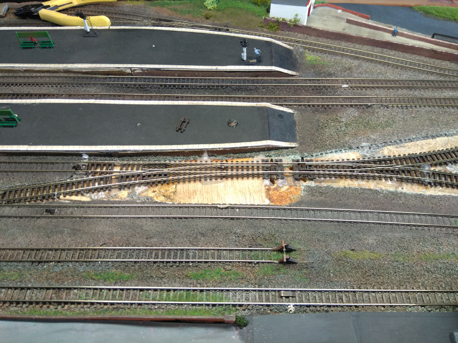 The new track was laid and was supported on pillars of hot-melt glue (you can just about see two of them under each of the points blades).